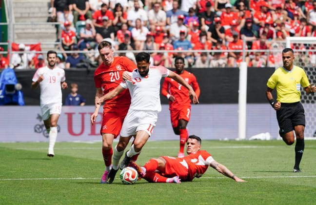 31 05 2026 Switzerland St Gallen Football Season 2025 2026 Switzerland Jordan Picture , Musa AL Tamari JOR vs Michel Aebischer and Grnit Xhaka SUI