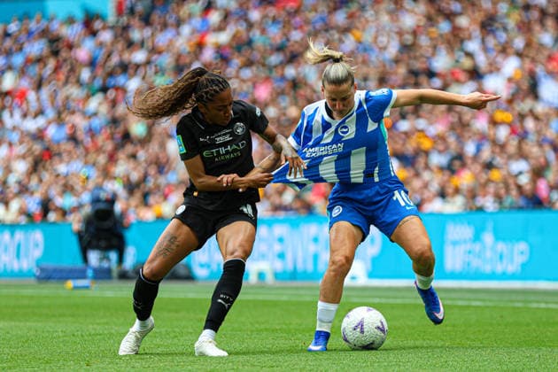LONDON, ENGLAND - May 31: Kerolin Nicoli of Manchester City and Jelena Cankovic of Brighton and Hove Albion battle for the ball during the Adobe Womens FA Cup Final match between Brighton and Hove Albion and Manchester City at Wembley Stadium, May 31 in London, England  Copyright: xNataliexMincher SPPx Sportspressphoto_SPR157780