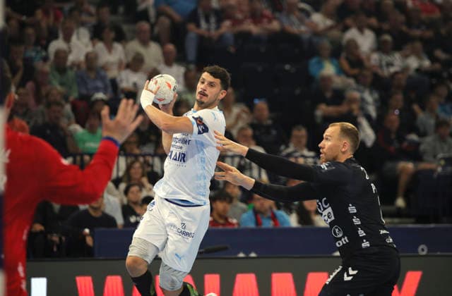 photo Goal shot by Kyllian VILLEMINOT against Simon Pytlick Flensburg Handball Men on Sun 31 05 2026 Mens EHF European League , Final Four in Hamburg SG Flensburg Montpellier HB Match for 3rd place