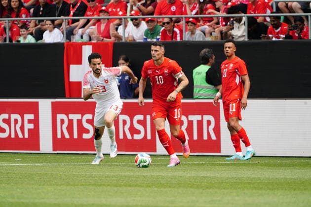31 05 2026 Switzerland St Gallen Football Season 2025 2026 Switzerland Jordan Picture , 13 Mohamoud AL Mardi JOR vs Granti Xhaka SUI Action duel