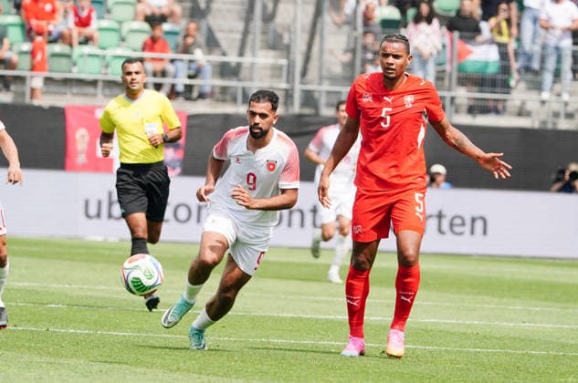 31 05 2026 Switzerland St Gallen Soccer Season 2025 2026 Country Match Switzerland Jordan Picture , 9 Ali Olwan JOR vs Manuel Akanji SUI Re action duel