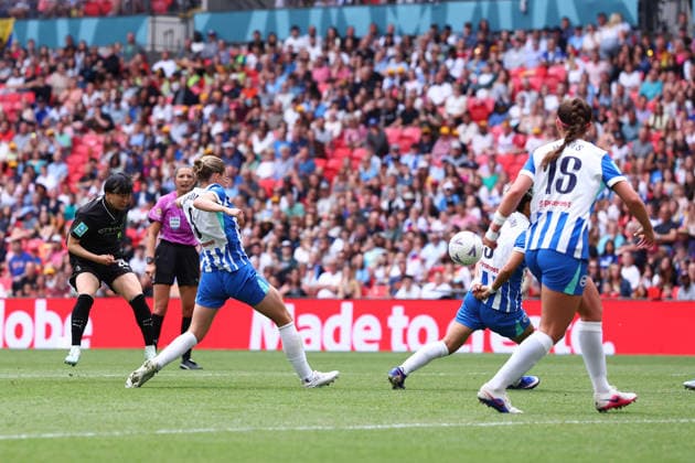 London, England, 31st May 2026. Aoba Fujino of Manchester City Women scores to make it 3-0 during the Brighton Women vs Manchester City Women The Women s FA Cup match at Wembley Stadium, London. Picture credit should read: Paul Terry Sportimage EDITORIAL USE ONLY. No use with unauthorised audio, video, data, fixture lists, club league logos or live services. Online in-match use limited to 120 images, no video emulation. No use in betting, games or single club league player publications. SPI_041_PT_Brighton_W_Man_City_W SPI-4831-0041