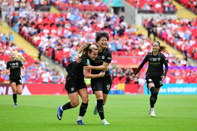 Manchester City Women celebrate Aoba Fujino™s goal in the second half during the Women s FA Cup Final match between Brighton & Hove Albion Women and Manchester City Women at Wembley Stadium, London, England on 31 May 2026. Copyright: xPhilxHutchinsonx 45000019