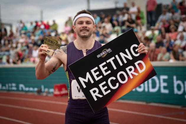 DRESDEN , GERMANY - MAY 31: Yannick Wolf (GER Germany) with a new meeting record in the men’s 100m during the Golden Oval Continental Tour Silver meeting on May 31, 2026 at Heinz-Steyer-Stadion in Dresden, Saxony, Germany. Saxony Germany Copyright: xAxelxKohringx