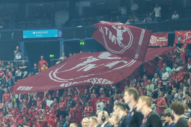 Supporters of MT Melsungen with flag during the handball final of the Winamax EHF Finals 2026 between THW Kiel and MT Melsungen at Barclays Arena on May 31, 2026 in Hamburg, Germany