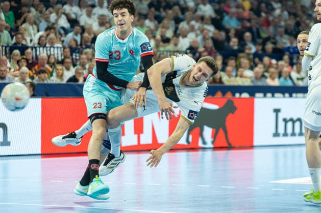 Marti Soler Biescas MT Melsungen and Bence Imre THW Kiel battle for the ball during the handball final of the Winamax EHF Finals 2026 between THW Kiel and MT Melsungen at Barclays Arena on May 31, 2026 in Hamburg, Germany