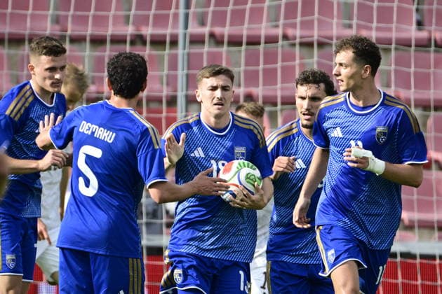 Goal scorer Lindon Emerllahu of Kosovo, center, during the Czech Republic vs Kosovo soccer friendly match, in Prague, Czech Republic, May 31, 2026. (CTKxPhoto RomanxVondrous) CTKPhotoP2026053104257  CTKPhotoP2026053104257
