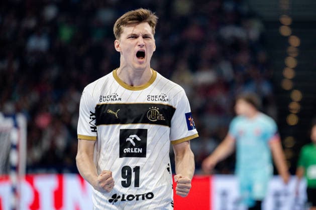 Hamburg, 31 05 2026, Handball, Men, EHF European League Men 2025 26, Final, THW Kiel MT Melsungen Bence Imre THW Kiel, 91 cheers after a goal
