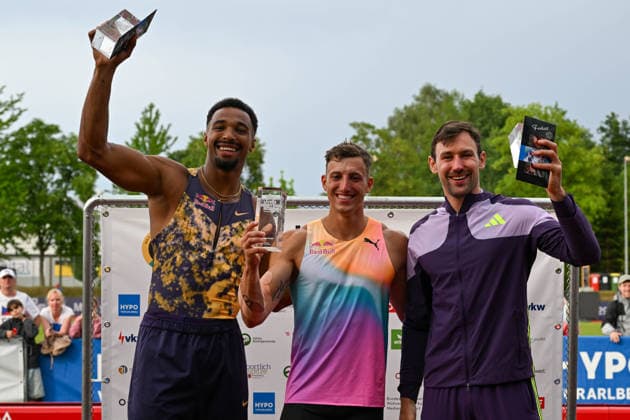 ATHLETICS - Hypomeeting Goetzis 2026 GOETZIS,AUSTRIA,31.MAY.26 - ATHLETICS - World Athletics Combined Events Tour, Hypomeeting, decathlon, ceremony. Image shows the podium: Leo Neugebauer (GER), Ehammer (SUI) and (GER).  GEPAxpictures xOliverxLerch