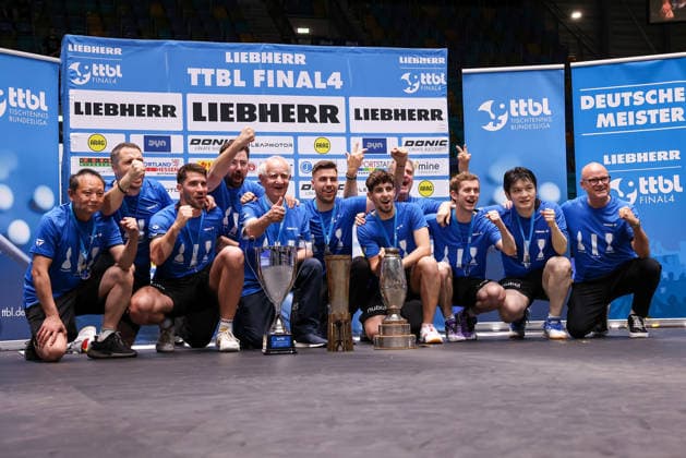 FC Saarbrücken Table Tennis players celebrate winning all three trophies during the final matches of the Liebherr TTBL Final4 Borussia Düsseldorf FC Saarbrücken Table Tennis at the Süwag Energie ARENA on May 31, 2026, in Frankfurt, Germany Copyright: JoaquimxFerreira
