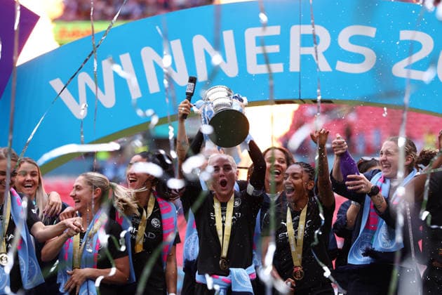 London, England, 31st May 2026. Alex Greenwood of Manchester City Women celebrates with the trophy after the Brighton Women vs Manchester City Women The Women s FA Cup match at Wembley Stadium, London. Picture credit should read: Paul Terry Sportimage EDITORIAL USE ONLY. No use with unauthorised audio, video, data, fixture lists, club league logos or live services. Online in-match use limited to 120 images, no video emulation. No use in betting, games or single club league player publications. SPI_055_PT_Brighton_W_Man_City_W SPI-4831-0055