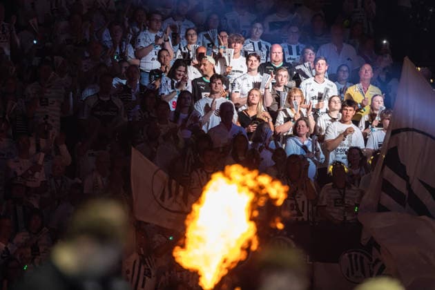 Supporters of THW Kiel during the handball final of the Winamax EHF Finals 2026 between THW Kiel and MT Melsungen at Barclays Arena on May 31, 2026 in Hamburg, Germany