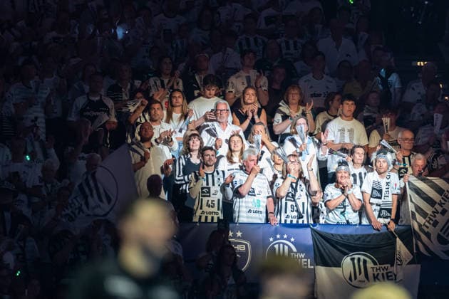 Supporters of THW Kiel during the handball final of the Winamax EHF Finals 2026 between THW Kiel and MT Melsungen at Barclays Arena on May 31, 2026 in Hamburg, Germany