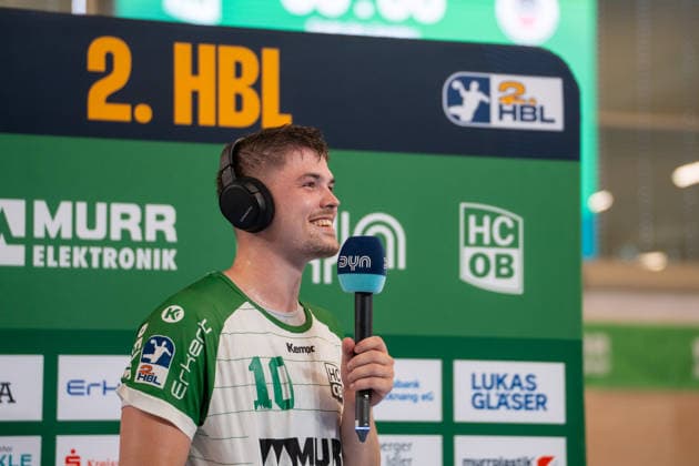 Handball I Men I Season 2025 2026 I 2 Bundesliga I 33 Matchday I HC Oppenweiler Backnang Eulen Ludwigshafen I 31 05 2026 Nick Fröhlich 10, HC Oppenweiler Backnang in an interview at Dyn Backnang Murrtal Arena Baden Württemberg Germany Copyright: xLobeca MaxxPetershansx