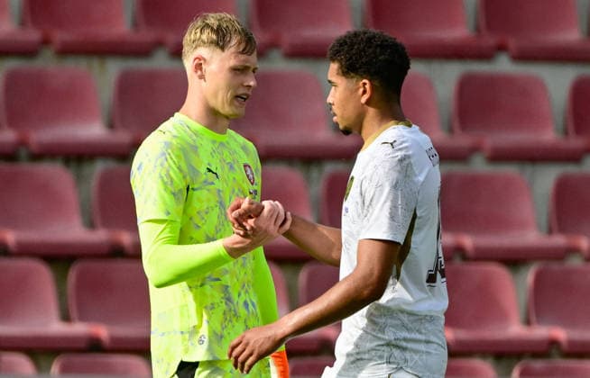 Goalkeeper Lukas Hornicek, left, and Christophe Kabongo of Czech Republic after the Czech Republic vs Kosovo soccer friendly match, in Prague, Czech Republic, May 31, 2026. (CTKxPhoto RomanxVondrous) CTKPhotoP2026053104523  CTKPhotoP2026053104523