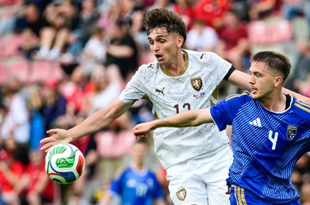 From left Mojmir Chytil of Czech Republic and Ilir Krasniqi of Kosovo in action during the Czech Republic vs Kosovo soccer friendly match, in Prague, Czech Republic, May 31, 2026. (CTKxPhoto RomanxVondrous) CTKPhotoP2026053104563  CTKPhotoP2026053104563