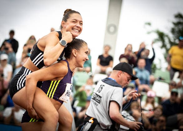 Golden Oval Dresden, 31 05 2026 Having fun Gina Lückenkemper GER Germany and Rebekka Haase GER Germany after the 100m final of the womens athletics meeting Golden Oval on 31 05 2026 at the Heinz Steyer Stadium in Dresden Saxony Copyright: xBEAUTIFULxSPORTS R.xSchmittx