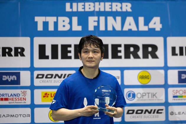 Sport Bilder des Tages the player of the match Fan Zhendong (CHN 1.FC Saarbruecken-TT) after the final matches of the Liebherr TTBL Final4 Borussia Düsseldorf - FC Saarbrücken Tischtennis at the Süwag Energie ARENA on May 31, 2026, in Frankfurt, Germany Frankfurt Süwag Energie ARENA Hessen Germany Copyright: xJoaquimxFerreirax