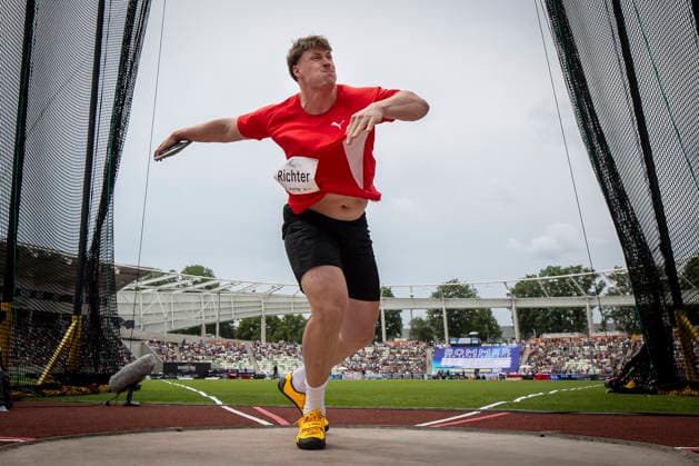 DRESDEN , GERMANY - MAY 31: Steven Richter (GER Germany) competes in the discus throw during the Golden Oval Continental Tour Silver meeting on May 31, 2026 at Heinz-Steyer-Stadion in Dresden, Saxony, Germany. Saxony Germany Copyright: xAxelxKohringx