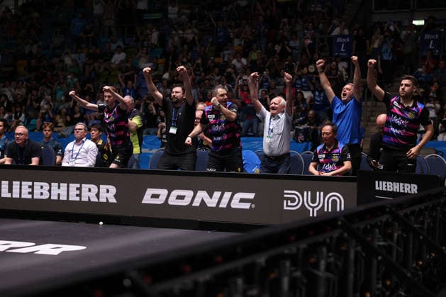 Trainer Wang Zhi (CHN, 1.FC Saarbruecken-TT) and Team FC Saarbrücken Tischtennis celebrate the victory during the final matches of the Liebherr TTBL Final4 Borussia Düsseldorf - FC Saarbrücken Tischtennis at the Süwag Energie ARENA on May 31, 2026, in Frankfurt, Germany Frankfurt Süwag Energie ARENA Hessen Germany Copyright: xJoaquimxFerreirax