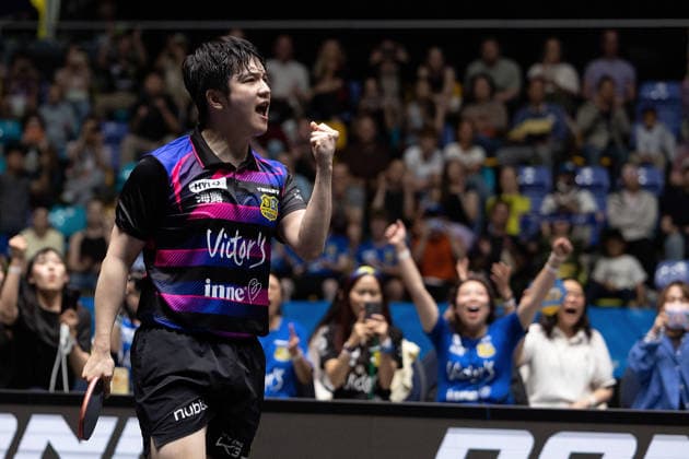 Fan Zhendong (CHN 1.FC Saarbruecken-TT) celebrates his victory over Kanak Jha (GER,USA Borussia Duesseldorf) during the final matches of the Liebherr TTBL Final4 Borussia Düsseldorf - FC Saarbrücken Tischtennis at the Süwag Energie ARENA on May 31, 2026, in Frankfurt, Germany Frankfurt Süwag Energie ARENA Hessen Germany Copyright: xJoaquimxFerreirax