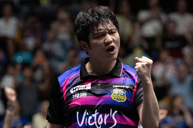 Fan Zhendong (CHN 1.FC Saarbruecken-TT) celebrates his victory over Kanak Jha (GER,USA Borussia Duesseldorf) during the final matches of the Liebherr TTBL Final4 Borussia Düsseldorf - FC Saarbrücken Tischtennis at the Süwag Energie ARENA on May 31, 2026, in Frankfurt, Germany Frankfurt Süwag Energie ARENA Hessen Germany Copyright: xJoaquimxFerreirax