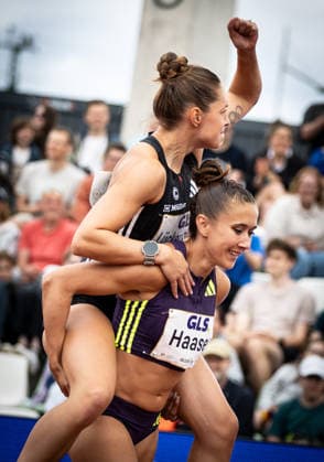 Golden Oval Dresden, 31 05 2026 Having fun Gina Lückenkemper GER Germany and Rebekka Haase GER Germany after the 100m final of the womens athletics meeting Golden Oval on 31 05 2026 at the Heinz Steyer Stadium in Dresden Saxony Copyright: xBEAUTIFULxSPORTS R.xSchmittx