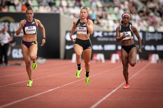 DRESDEN , GERMANY - MAY 31: Rebekka Haase (GER Germany), Gina Lueckenkemper (GER Germany), Sade McCreath (CAN Canada) competing in the 100m final of the Golden Oval Continental Tour Silver meeting on May 31, 2026 at Heinz-Steyer-Stadion in Dresden, Saxony, Germany. Saxony Germany Copyright: xAxelxKohringx