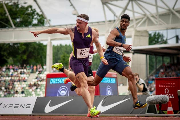 DRESDEN , GERMANY - MAY 31: Yannick Wolf (GER Germany) crosses the finish line in the 100m final during the Golden Oval Continental Tour Silver meeting on May 31, 2026 at Heinz-Steyer-Stadion in Dresden, Saxony, Germany. Saxony Germany Copyright: xAxelxKohringx