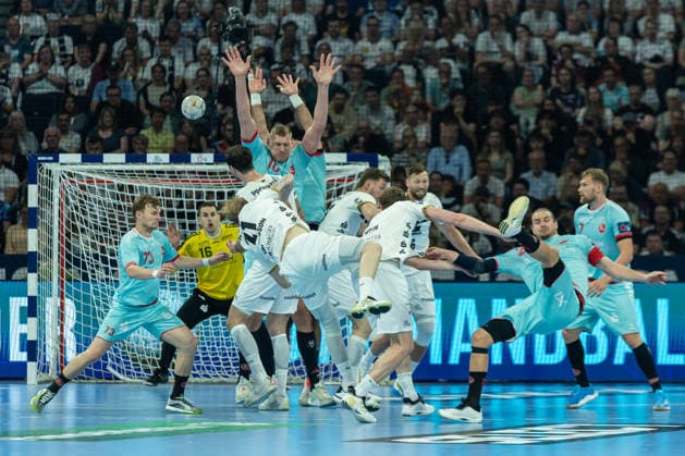 Eric Johansson THW Kiel controls the ball during the handball final of the Winamax EHF Finals 2026 between THW Kiel and MT Melsungen at Barclays Arena on May 31, 2026 in Hamburg, Germany