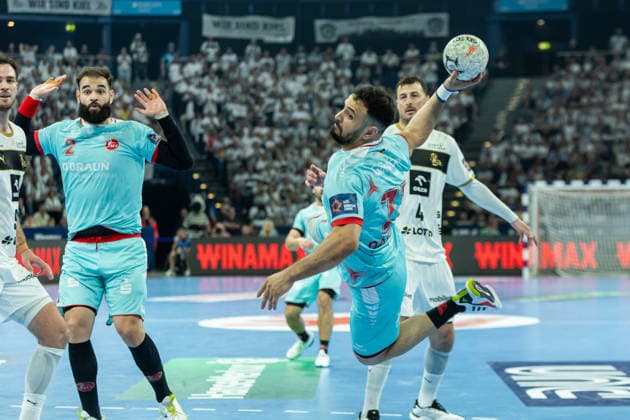 Mohamed Amine Darmoul MT Melsungen controls the ball during the handball final of the Winamax EHF Finals 2026 between THW Kiel and MT Melsungen at Barclays Arena on May 31, 2026 in Hamburg, Germany