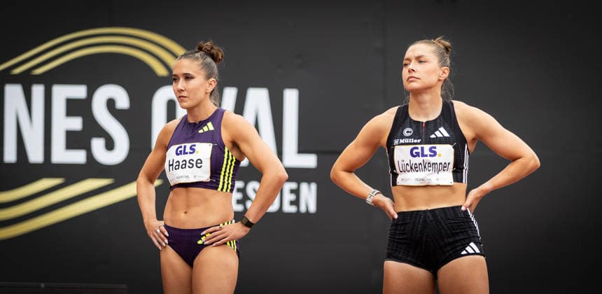 Golden Oval Dresden, 31 05 2026 Focused Rebekka Haase GER Germany and Gina Lückenkemper GER Germany shortly before the start of the 100m final of the womens athletics meeting Golden Oval on 31 05 2026 at the Heinz Steyer Stadium in Dresden Saxony Copyright: xBEAUTIFULxSPORTS R.xSchmittx