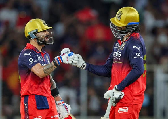 IPL 2026 Final, RCB vs GT Ahmedabad, May 31 (ANI): Royal Challengers Bengaluru s Virat Kohli and Venkatesh Iyer celebrate their partnership during the Indian Premier League 2026 Final match against Gujarat Titans at Narendra Modi Stadium, in Ahmedabad on Sunday. Ahmedabad Gujarat India Copyright: xANIx ANI_20260531423