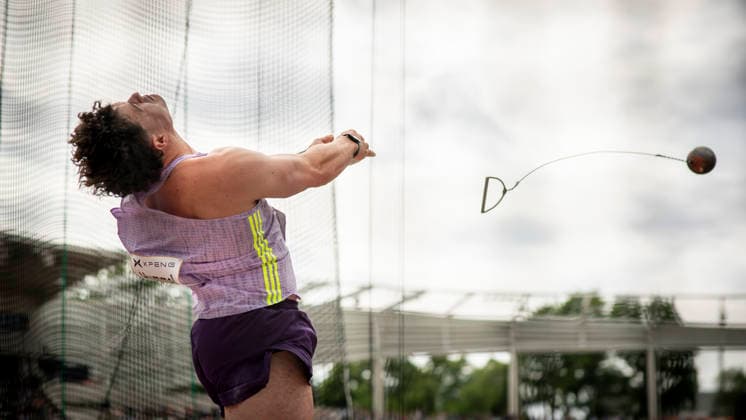 DRESDEN , GERMANY - MAY 31: Merlin Hummel (GER Germany) competes in the hammer throw during the Golden Oval Continental Tour Silver meeting on May 31, 2026 at Heinz-Steyer-Stadion in Dresden, Saxony, Germany. Saxony Germany Copyright: xAxelxKohringx