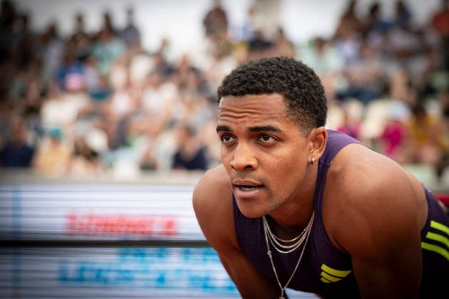DRESDEN , GERMANY - MAY 31: Joshua Abuaku (GER Germany) after the 400m hurdles during the Golden Oval Continental Tour Silver meeting on May 31, 2026 at Heinz-Steyer-Stadion in Dresden, Saxony, Germany. Saxony Germany Copyright: xAxelxKohringx