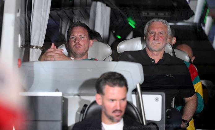 Football International Test match World Cup 2026 in Mainz Germany Finland 31 05 2026 Arrival of the German team in the bus at the stadium, from left, national coach Julian Nagelsmann, sports director Rudi Voeller