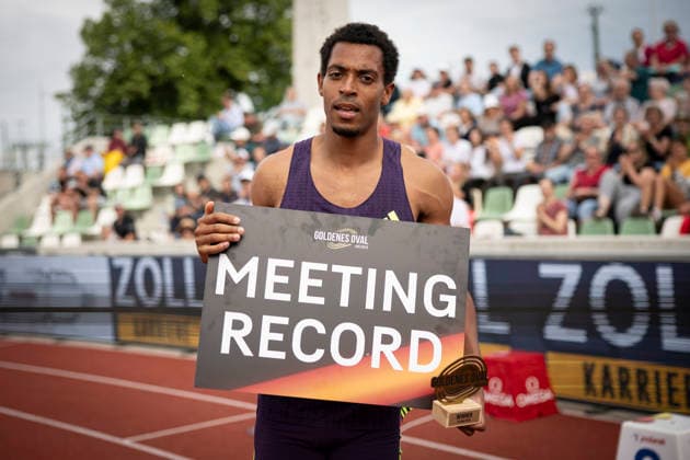 DRESDEN , GERMANY - MAY 31: Emil Agyekum (GER Germany) with a new meeting record after the 400m hurdles during the Golden Oval Continental Tour Silver meeting on May 31, 2026 at Heinz-Steyer-Stadion in Dresden, Saxony, Germany. Saxony Germany Copyright: xAxelxKohringx