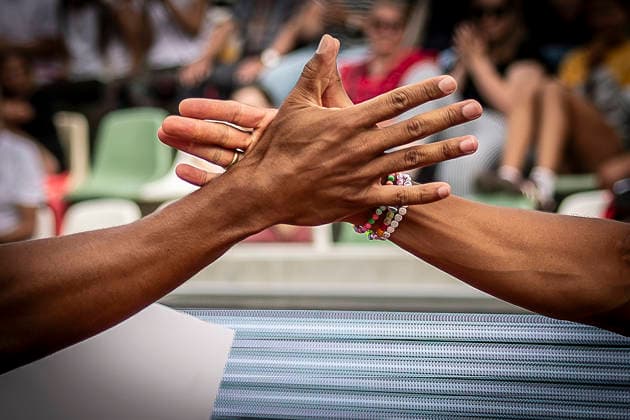 DRESDEN , GERMANY - MAY 31: The hands of Emil Agyekum (GER Germany) and Joshua Abuaku (GER Germany) during the Golden Oval Continental Tour Silver meeting on May 31, 2026 at Heinz-Steyer-Stadion in Dresden, Saxony, Germany. Saxony Germany Copyright: xAxelxKohringx