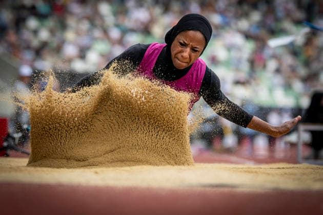 DRESDEN , GERMANY - MAY 31: Esraa Owis (EGY Egypt) competes in the long jump during the Golden Oval Continental Tour Silver meeting on May 31, 2026 at Heinz-Steyer-Stadion in Dresden, Saxony, Germany. Saxony Germany Copyright: xAxelxKohringx