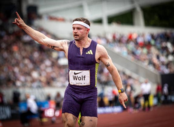 Golden Oval Dresden, 31 05 2026 Finger pointing Yannick Wolf GER Germany wins the Mens 100m Athletics Meeting Golden Oval on 31 05 2026 at Heinz Steyer Stadium in Dresden Saxony Copyright: xBEAUTIFULxSPORTS R.xSchmittx