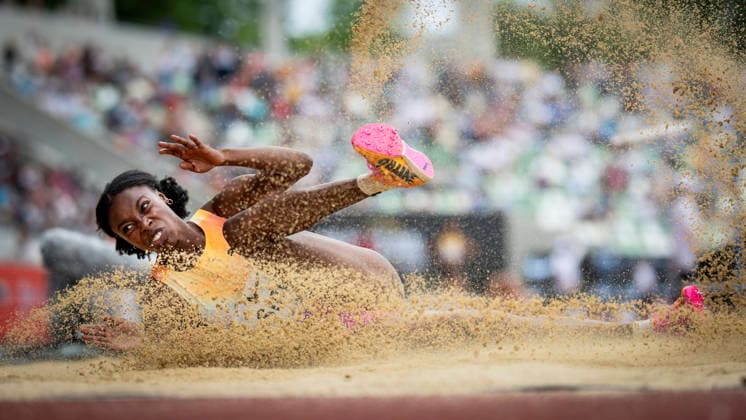 DRESDEN , GERMANY - MAY 31: Ackelia Smith (JAM Jamaica) competes in the long jump during the Golden Oval Continental Tour Silver meeting on May 31, 2026 at Heinz-Steyer-Stadion in Dresden, Saxony, Germany. Saxony Germany Copyright: xAxelxKohringx
