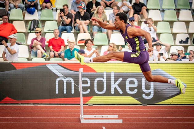 DRESDEN , GERMANY - MAY 31: Emil Agyekum (GER Germany) competes in the 400m hurdles during the Golden Oval Continental Tour Silver meeting on May 31, 2026 at Heinz-Steyer-Stadion in Dresden, Saxony, Germany. Saxony Germany Copyright: xAxelxKohringx
