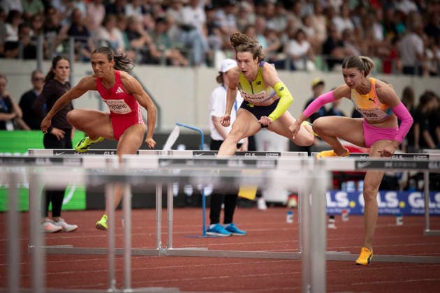 DRESDEN , GERMANY - MAY 31: Nika Glojnaric (SLO Slovenia), Marlene Meier (GER Germany), Anna Toth (HUN Hungary) competing in the 100m hurdles during the Golden Oval Continental Tour Silver meeting on May 31, 2026 at Heinz-Steyer-Stadion in Dresden, Saxony, Germany. Saxony Germany Copyright: xAxelxKohringx