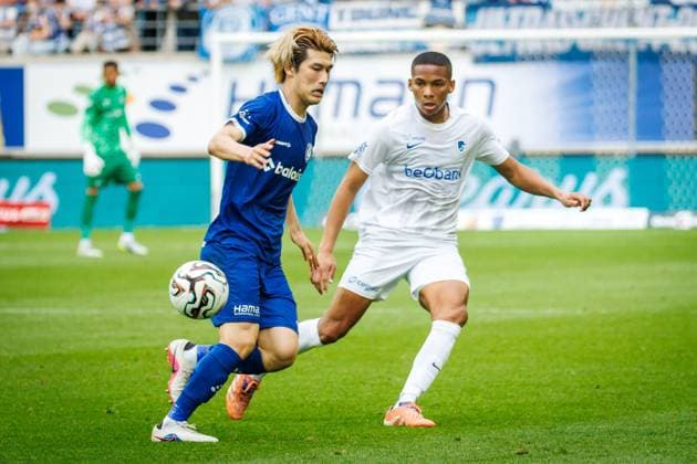 Gent s Daiki Hashioka and Genk s Adrian Palacios fight for the ball during a soccer match between KAA Gent and Racing Genk, Sunday 31 May 2026 in Gent, an European Play-off game of the 2025-2026 Jupiler Pro League first division of the Belgian championship. KURTxDESPLENTER  x175560390x