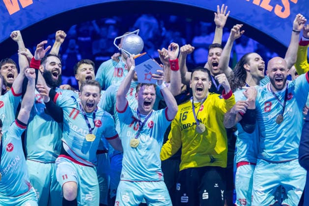 Timo Kastening MT Melsungen with the Trophy during the handball final of the Winamax EHF Finals 2026 between THW Kiel and MT Melsungen at Barclays Arena on May 31, 2026 in Hamburg, Germany