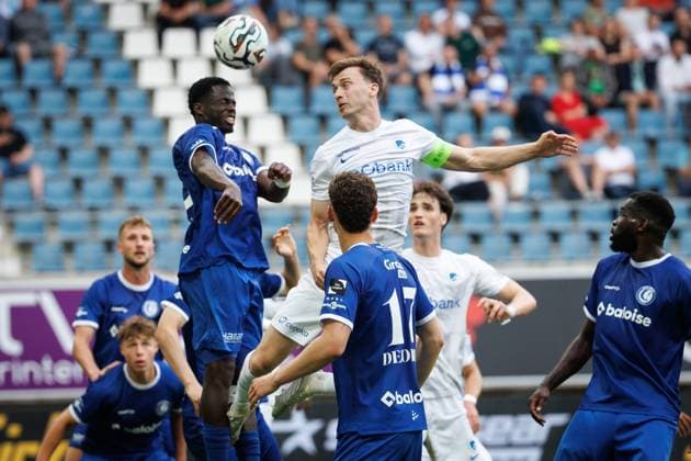 Gent s Leonardo Lopes and Genk s Bryan Heynen fight for the ball during a soccer match between KAA Gent and Racing Genk, Sunday 31 May 2026 in Gent, an European Play-off game of the 2025-2026 Jupiler Pro League first division of the Belgian championship. KURTxDESPLENTER  x175560947x