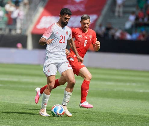 Soccer World Cup 2026 preparation match Switzerland vs. Jordan, St Gallen, Switzerland St Gallen, Switzerland 31 May 2026 Nizar Al Rashdan and Remo Freuler at the World Cup 2026 preparation match Switzerland vs. Jordan in St Gallen