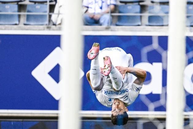 Genk s Robin Mirisola celebrates after scoring during a soccer match between KAA Gent and Racing Genk, Sunday 31 May 2026 in Gent, an European Play-off game of the 2025-2026 Jupiler Pro League first division of the Belgian championship. TOM GOYVAERTS TomxGoyvaerts  x175562970x