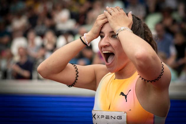 DRESDEN , GERMANY - MAY 31: Rosina Schneider (GER Germany) and Lia Flotow (GER Germany) celebrating after the 100m hurdles during the Golden Oval Continental Tour Silver meeting on May 31, 2026 at Heinz-Steyer-Stadion in Dresden, Saxony, Germany. Saxony Germany Copyright: xAxelxKohringx