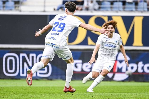 Genk s Robin Mirisola celebrates after scoring during a soccer match between KAA Gent and Racing Genk, Sunday 31 May 2026 in Gent, an European Play-off game of the 2025-2026 Jupiler Pro League first division of the Belgian championship. TOM GOYVAERTS TomxGoyvaerts  x175563165x